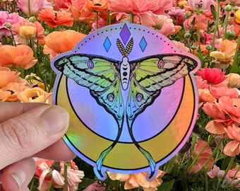 Luna moth sticker, cute witchy vinyl sticker for nature lover, bohemian holographic die-cut moth laptop stickers for water bottle decor