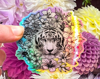 Tiger sticker, zookeeper gift, big cat lover, holographic animal vinyl stickers, nature laptop decor, floral water bottle decor