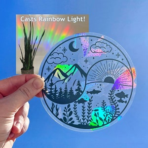 Suncatcher sticker nature window cling, moon sun catcher sticker, removable window decal, rainbow maker prism sun catcher sticker gift