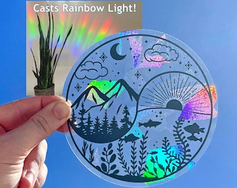 Suncatcher sticker nature window cling, moon sun catcher sticker, ocean and mountain window decal, rainbow maker prism sun catcher sticker