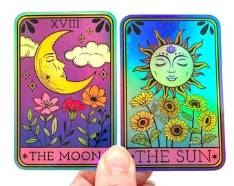 Tarot card stickers, vinyl holographic stickers, The Sun and The Moon cards, witchy laptop decor, tarot reader gift