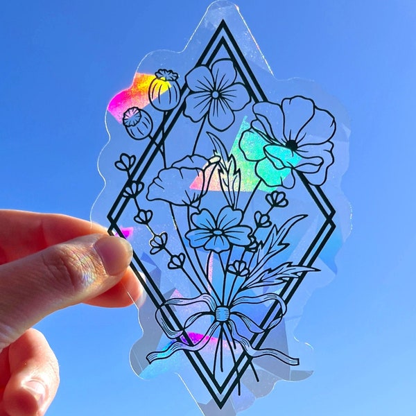 Wildflower suncatcher sticker, floral rainbow window decal, holographic rainbow maker decal, cute vinyl prism sun catcher