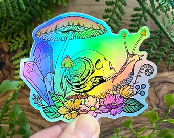 Snail sticker, witchy vinyl holographic sticker, floral nature laptop decor, mushroom lover gift