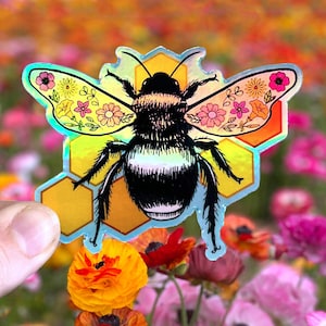 Floral Honey Bee Sticker: Holographic Vinyl Insect Decal