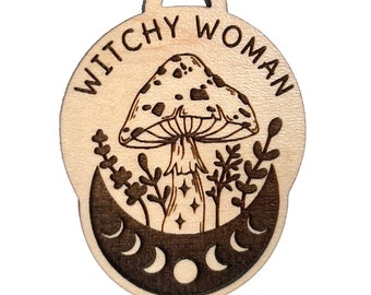 Keychain for witchy woman gift, wood new car gift for mushroom lover, moon phase key accessory present,