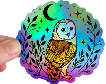 Barn owl sticker, holographic vinyl animal sticker, boho moon laptop stickers, water bottle decor, bird lover gift