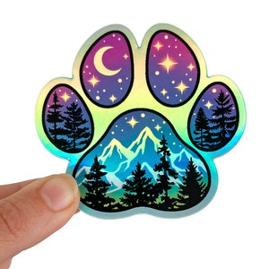 Paw print sticker, holographic dog sticker, hiking vinyl sticker, dog lover gift, water resistant nature laptop stickers, water bottle decor image 1