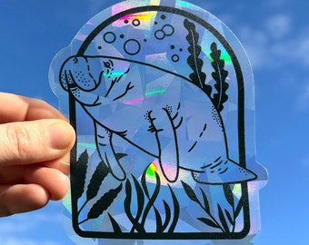 Suncatcher sticker manatee lover gift, Florida sun catcher window cling ocean gift, rainbow maker sticker, cute ocean animal window decal