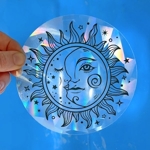Celestial suncatcher sticker window cling, moon sun catcher sticker, sun and moon window decal, rainbow maker prism sun catcher cling art