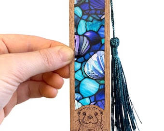 Sea otter bookmark with tassel, ocean animal bookmark, cute gift for reader, whimsical book lover gift, engraved layered bookmark