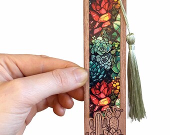 Succulent bookmark with tassel, plant lover bookmark, cactus book gift for reader, gardener book lover gift, engraved layered bookmark