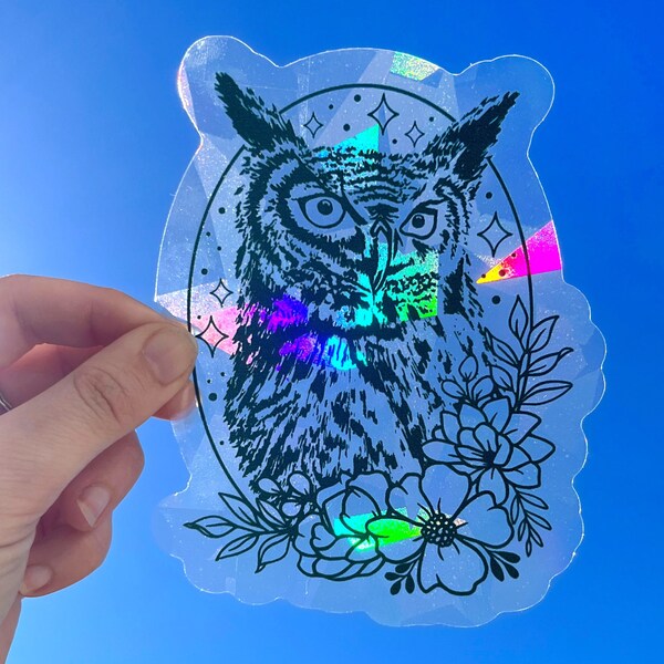 Owl suncatcher sticker window cling, owl rainbow window decal, bird sun catcher housewarming gift for friend, owl lover present for her