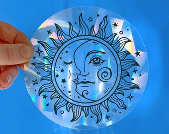 Celestial suncatcher sticker window cling, moon sun catcher sticker, sun and moon window decal, rainbow maker prism sun catcher sticker