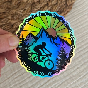 Mountain bike sticker, downhill biking sticker, biker club present, adventure nature lover gift, holographic vinyl stickers