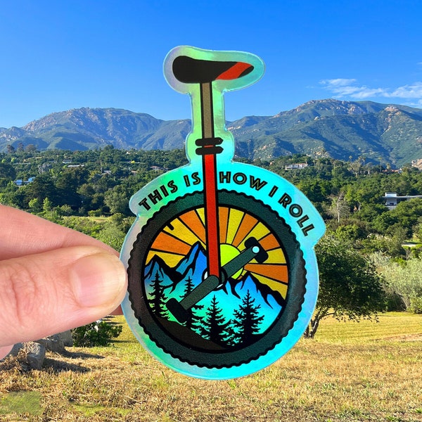 Unicycle sticker, mountain unicycler gift, adventure muni sticker, trail rider nature lover gift, unicycling holographic vinyl stickers