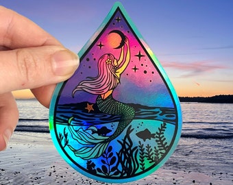 Mermaid sticker, ocean lover vinyl holographic sticker, tropical water sticker, nature laptop decor, starry night sea decal