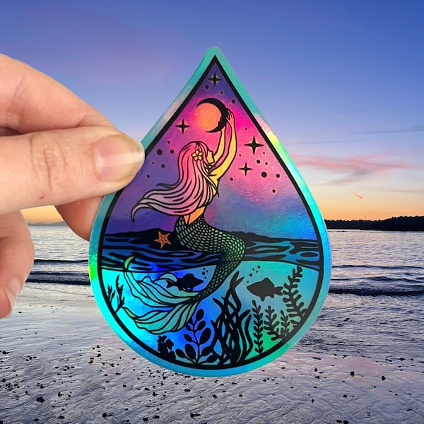 Mermaid sticker, ocean lover vinyl holographic sticker, tropical water sticker, nature laptop decor, starry night sea decal