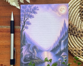 Dragon Notepad – Fantasy Moonlit Landscape Memo Pad, Tear off small memo pad, 50 sheets lined, 4.25" x 5.5" notepad