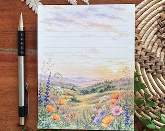 Wildflower meadow notepad, Tear off small memo pad, 50 sheets lined, 4.25" x 5.5" notepad, office supply stationery