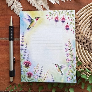 Hummingbird notepad, Tear off small memo pad, 50 sheets lined, 4.25" x 5.5" notepad, office supply stationery