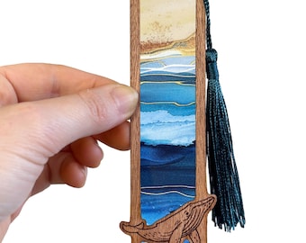 Whale bookmark with tassel, ocean animal bookmark, cute gift for reader, whimsical book lover gift, engraved layered bookmark, humpback gift