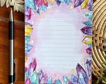 Crystal lover notepad, witchy stationery, Tear off notepad, Small memo pad, 50 sheets lined, 4.25" x 5.5" notepad, gemstone office supply