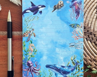 Ocean Animals Notepad – Whale, Orca, Sea Turtle, Jellyfish Stationery (4.25 x 5.5)