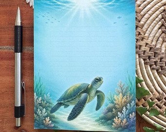 Sea Turtle notepad, Tear off small memo pad, 50 sheets lined, 4.25" x 5.5" notepad, office supply stationery