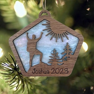 Hiker ornament, reaching the summit gift for nature lover, mountain and forest tree decor, layered wood ornament for outdoor enthusiast