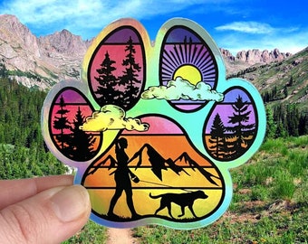 Dog mom sticker, cute paw print sticker, holographic dog sticker, girl hiking vinyl sticker, dog lover gift, a girl's best friend stickers