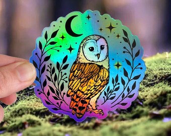 Barn owl sticker, holographic vinyl animal sticker, boho moon laptop stickers, water bottle decor, bird lover gift