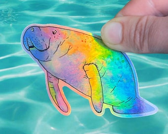 Manatee sticker, vinyl animal holographic sticker, wildlife laptop decor, ocean animal gift, sea cow marine mammal art