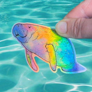 Manatee sticker, vinyl animal holographic sticker, wildlife laptop decor, ocean animal gift, sea cow marine mammal art