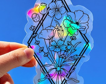Wildflower suncatcher sticker, floral rainbow window decal, rainbow maker window decal, cute vinyl prism sun catcher window cling gift