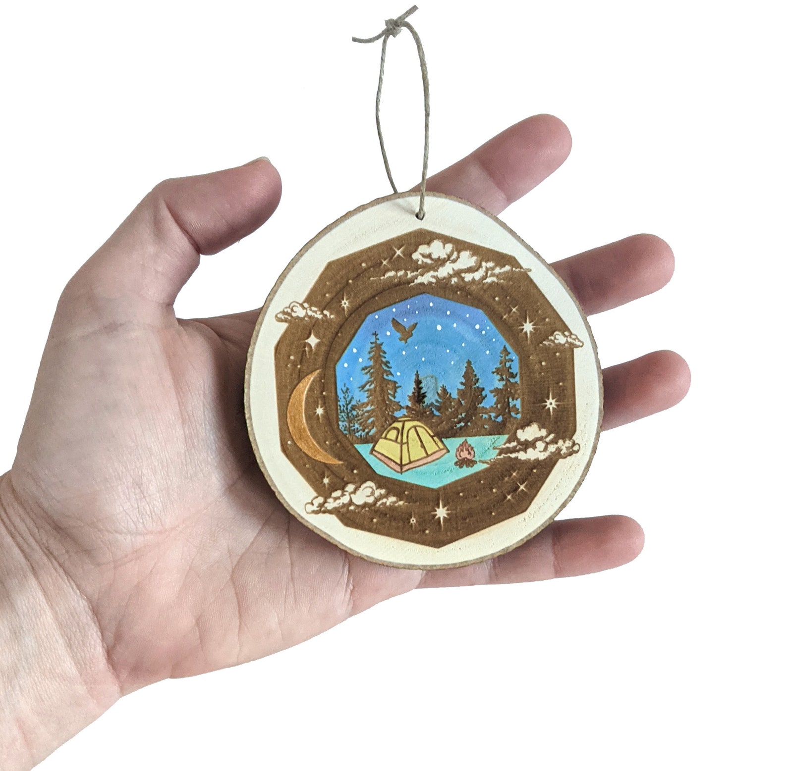Camping ornament tent ornament forest ornament wood slice | Etsy