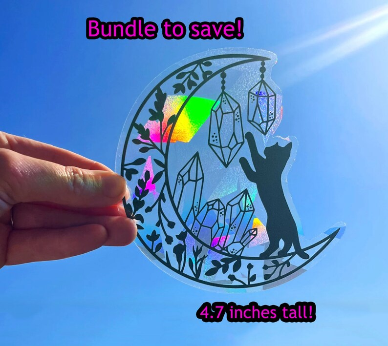 Paw print suncatcher sticker dog lover window cling, rainbow sun catcher for dog mom hiker, rainbow maker decal gift for nature lover Cat on moon