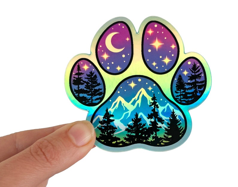 Paw print sticker, holographic dog sticker, hiking vinyl sticker, dog lover gift, water resistant nature laptop stickers, water bottle decor image 1