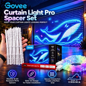 May include: A Govee Curtain Light Pro Spacer Set featuring clear, cylindrical plastic spacers. The product packaging displays a 960 LED curtain light system with a whale graphic, app control, and smart home compatibility icons.