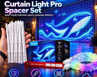 May include: A Govee Curtain Light Pro Spacer Set featuring clear, cylindrical plastic spacers. The product packaging displays a 960 LED curtain light system with a whale graphic, app control, and smart home compatibility icons.