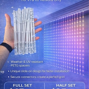 May include: Image of Govee curtain lights upgrade. The image shows a hand holding clear plastic spacers. The text reads "Upgrade Your Govee Curtain Lights!" and lists features like weather & UV resistance and a unique slide-on design. The full set is $45 and the half set is $25.