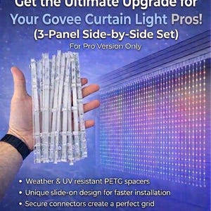 May include: Clear plastic Govee curtain light panels with white LED lights are held in a hand, with a larger curtain of lights in the background. Text reads: Get the Ultimate Upgrade for Your Govee Curtain Light Pros! (3-Panel Side-by-Side Set).