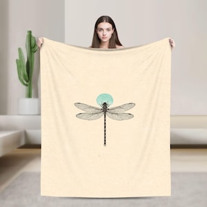 Dragonfly Flannel Blanket, Minimalist Nature Throw Blanket, Vintage Insect Art Couch Blanket, Aesthetic Zen Gift for Movie