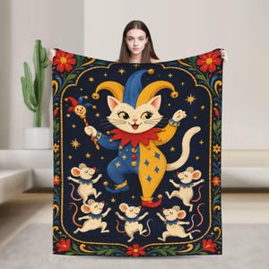 Jester Cat Folk Art Blanket: Whimsical Dancing Mice Flannel Throw (300gsm)