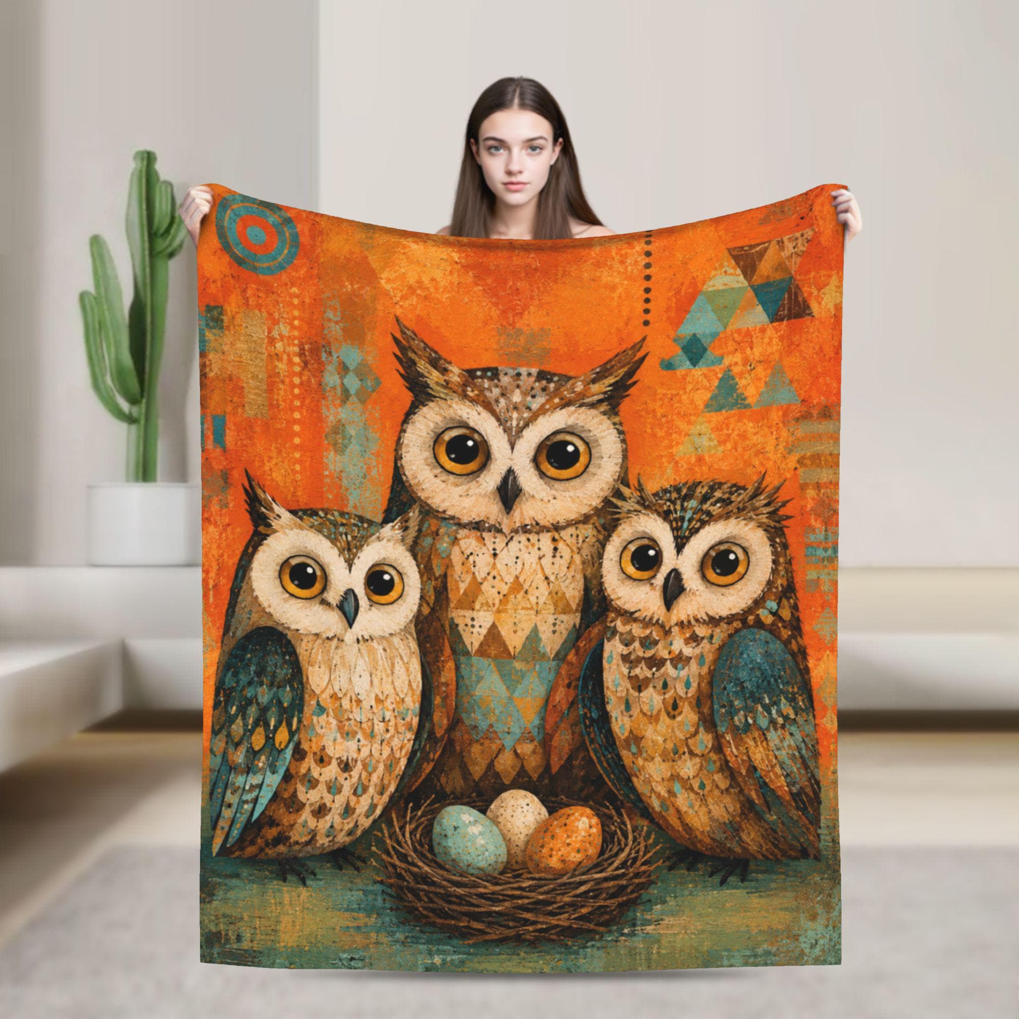 Boho Owl Family Fleece Throw Blanket, Vintage Rustic Owl Nest Print Cozy Flannel Blanket, Nature Dec