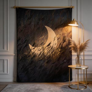 Crescent Moon & Reeds Artistic Blanket, Dark Moody Landscape Throw, Celestial Sherpa Fleece Wrap, Night Sky Wall Art, Cozy Dreamy Home Gift