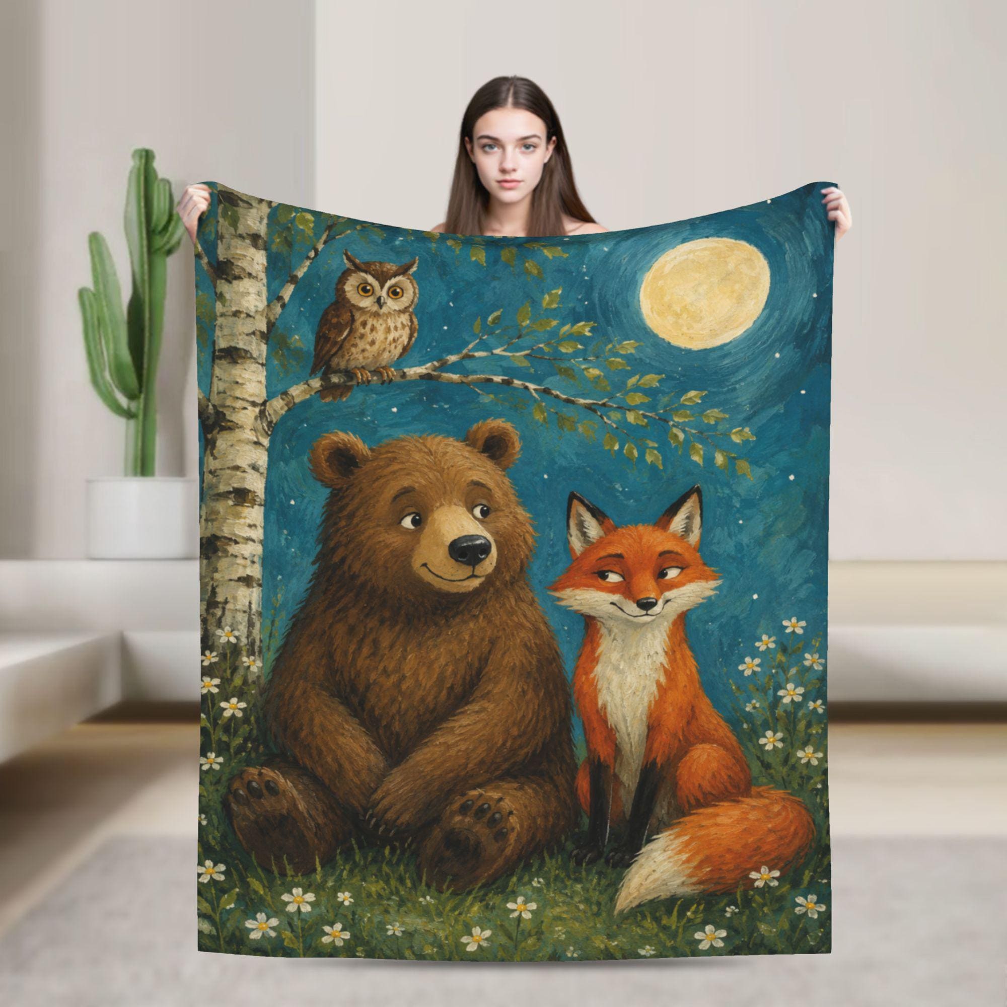 Bear Fox Blanket Woodland Nursery Throw Owl Decor Moonlit Forest Cottagecore Sympathy Gift Cozy 300g