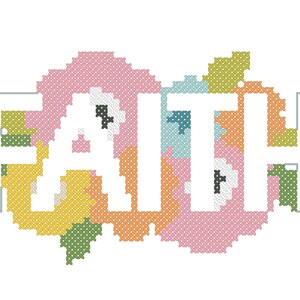 Peut inclure: Motif de point de croix du mot "FAITH" dans un design abstrait et coloré. Les lettres sont entourées de différentes couleurs, notamment le rose, le jaune, le vert, le bleu et l'orange.