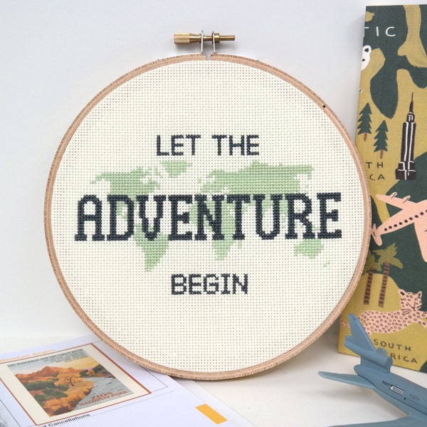 Travel cross stitch PATTERN, Let the Adventure Begin