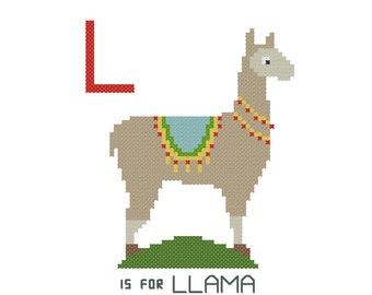 Llama, Modern cross stitch PATTERN, Alphabet Animalia