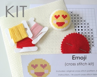 Cross stitch KIT, Emoji button, Heart eyes